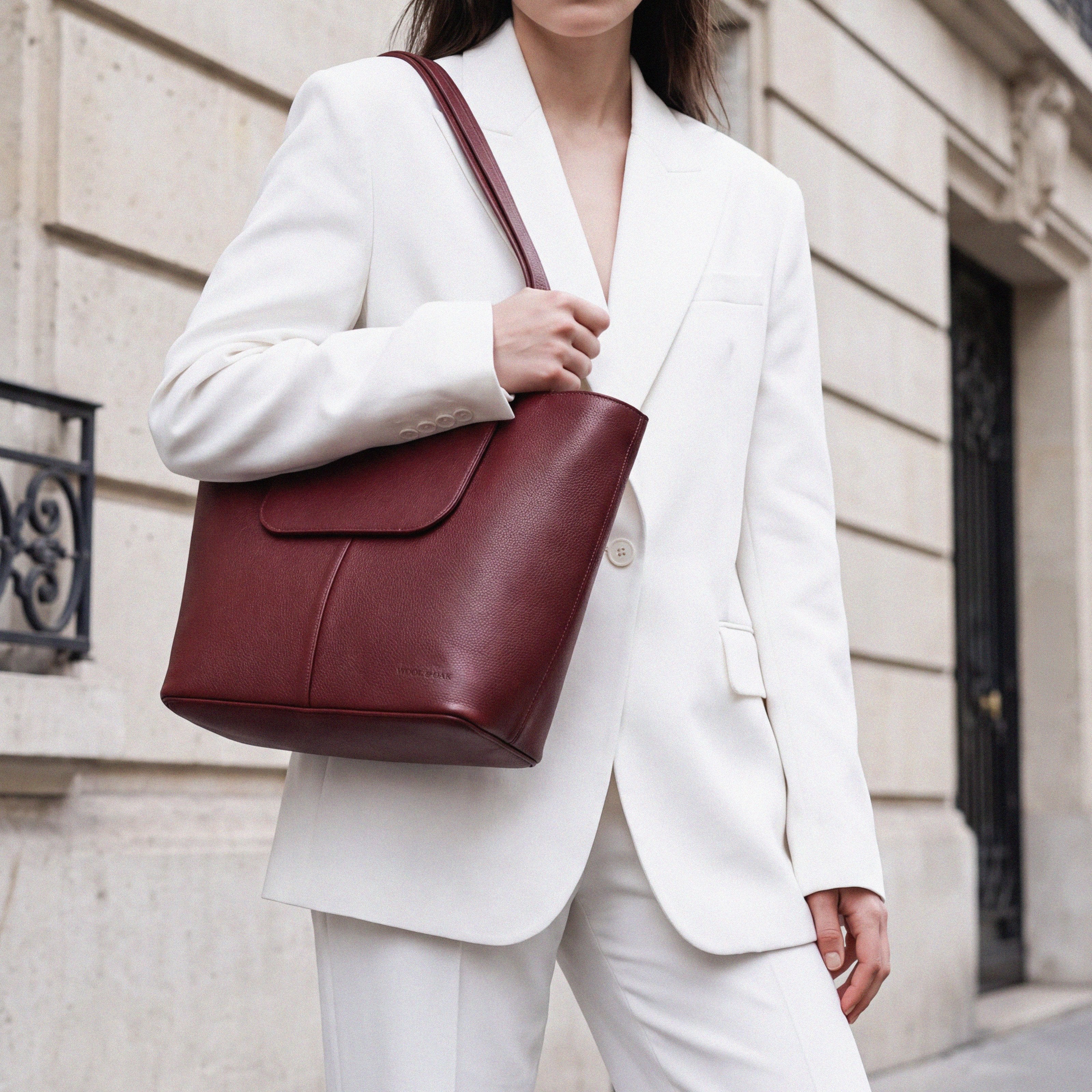 Muse Bag styled with a white suit | #Color_Burgundy