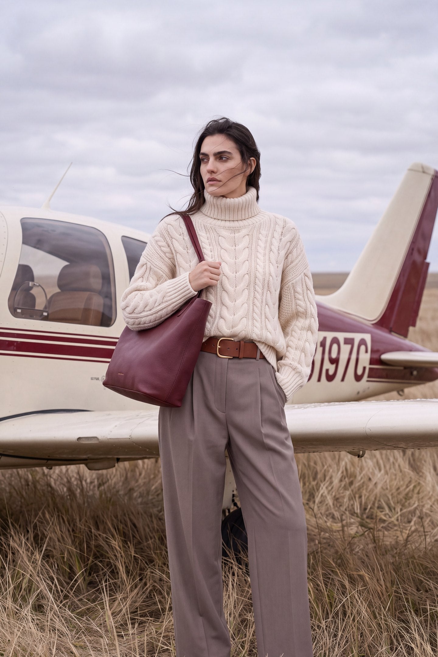 Woman beside a propeller plane holding the Rove Travel Tote in Bordeaux