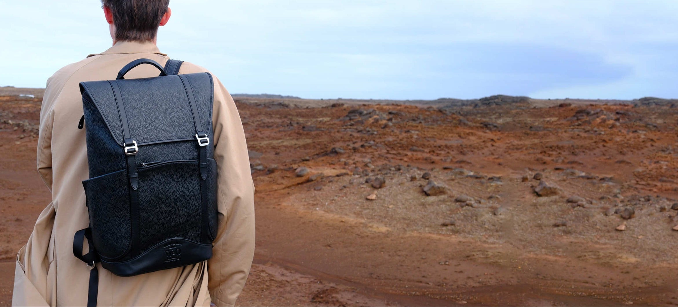 Person with a black backpack standing in a barren landscape