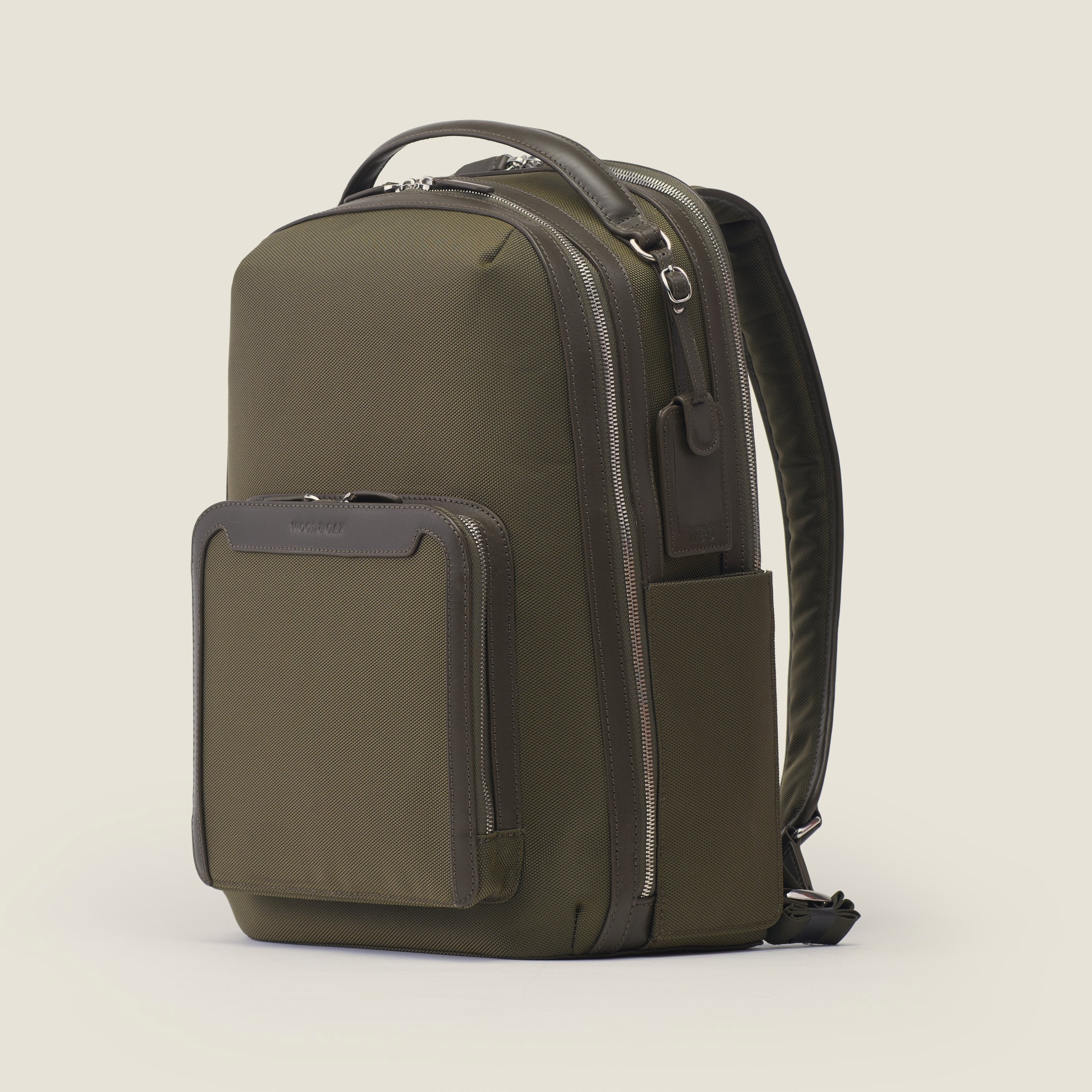 Leather travel backpack| #color_Olive Nylon