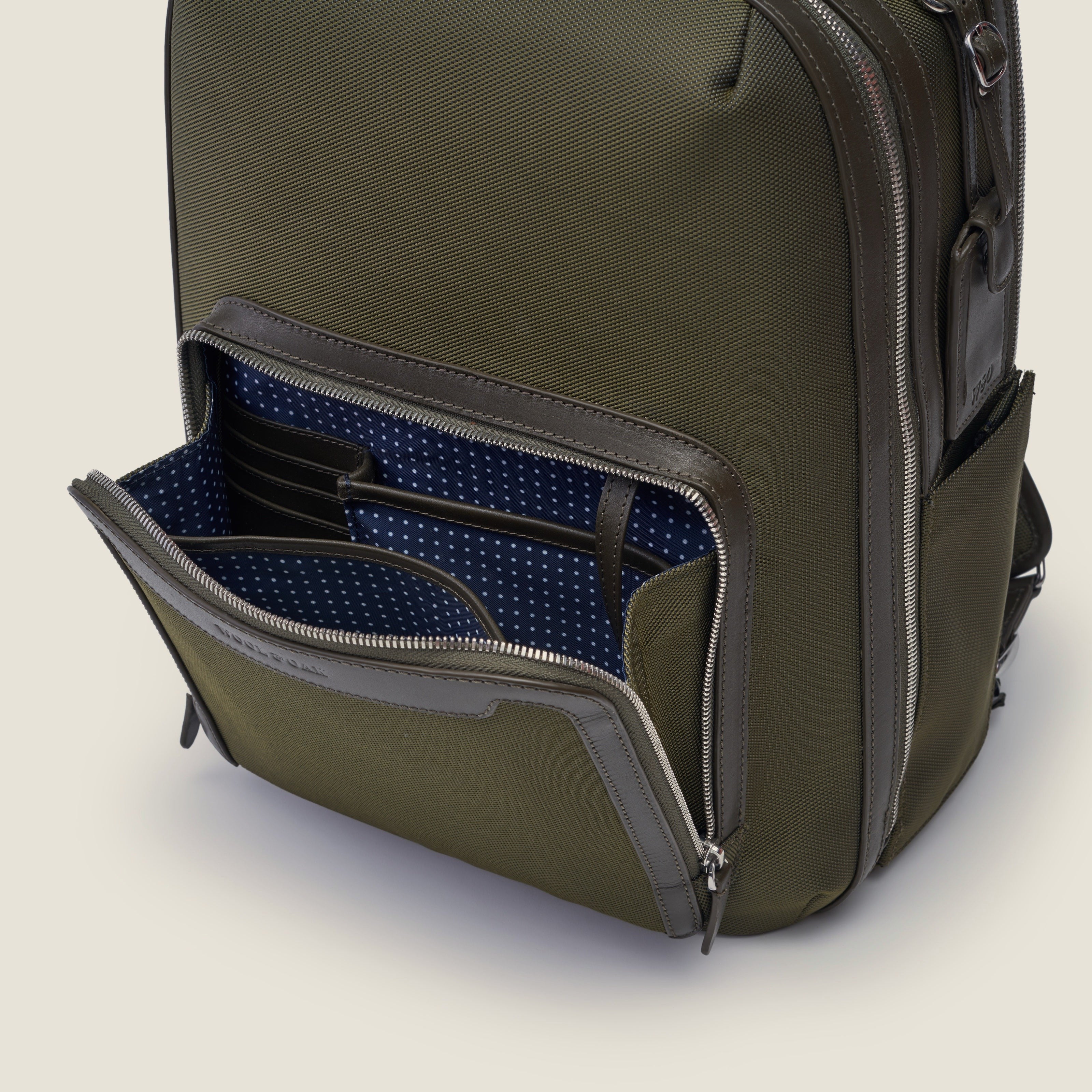 Leather travel backpack| #color_Olive Nylon