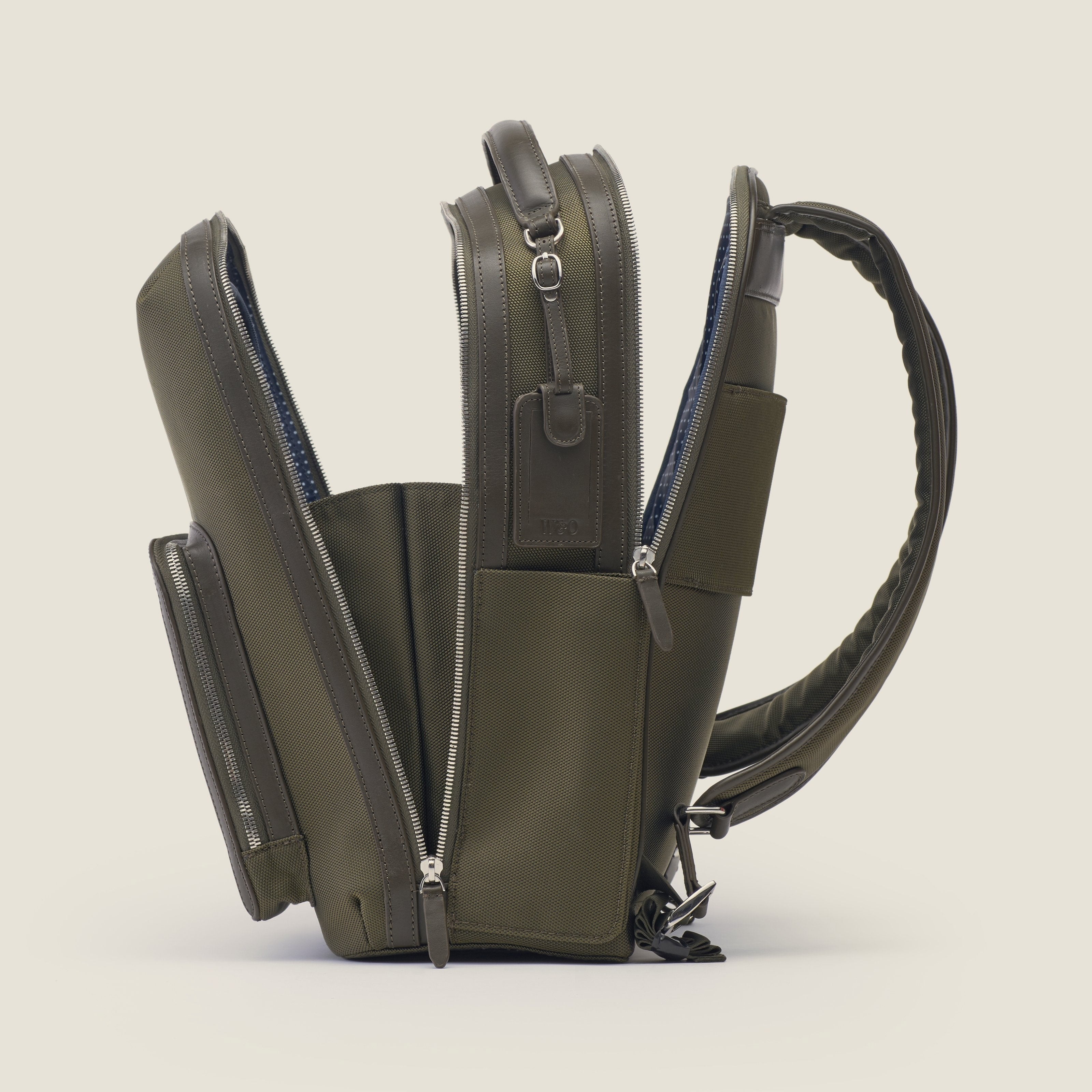 Leather travel backpack| #color_Olive Nylon
