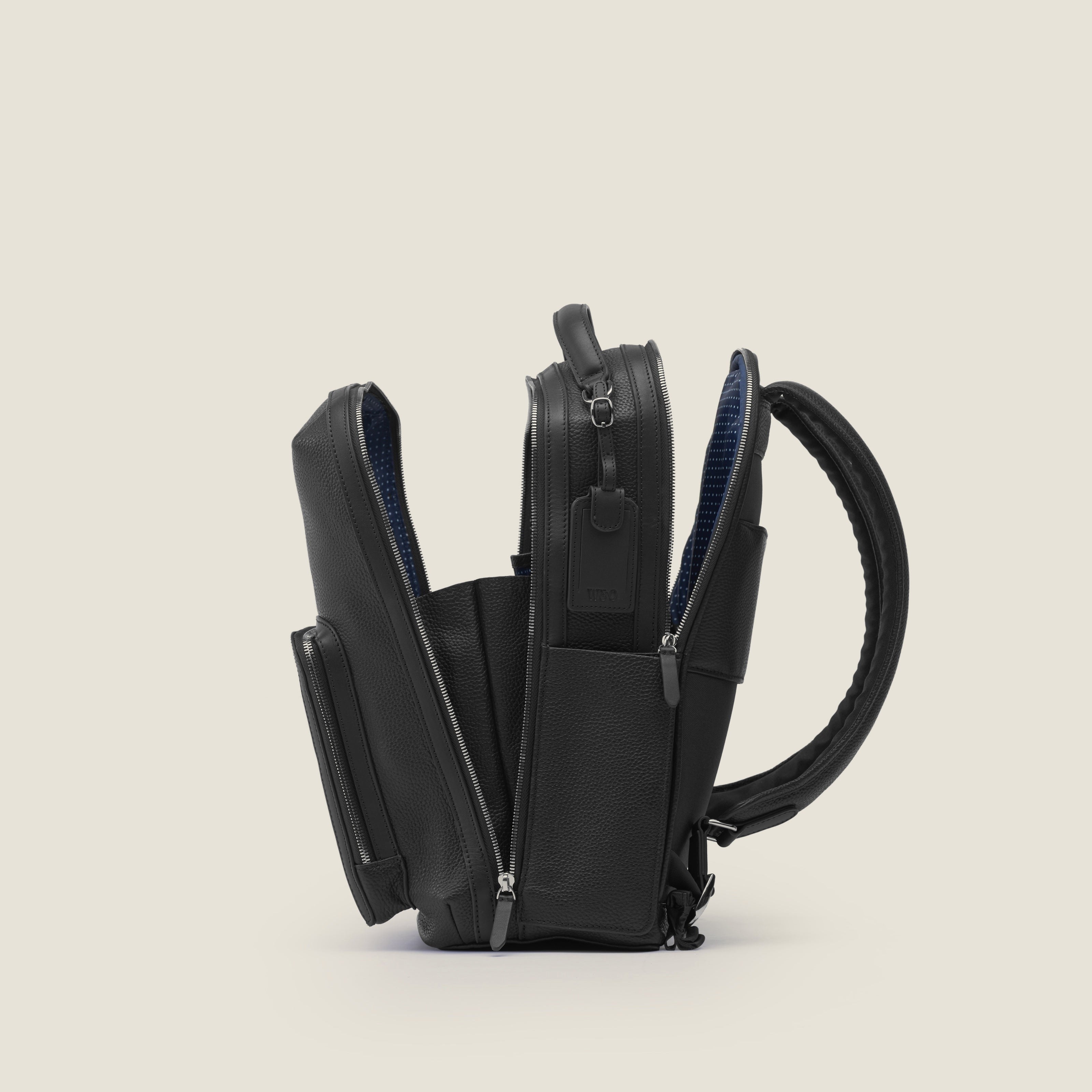 Leather travel backpack| #color_Jet Black