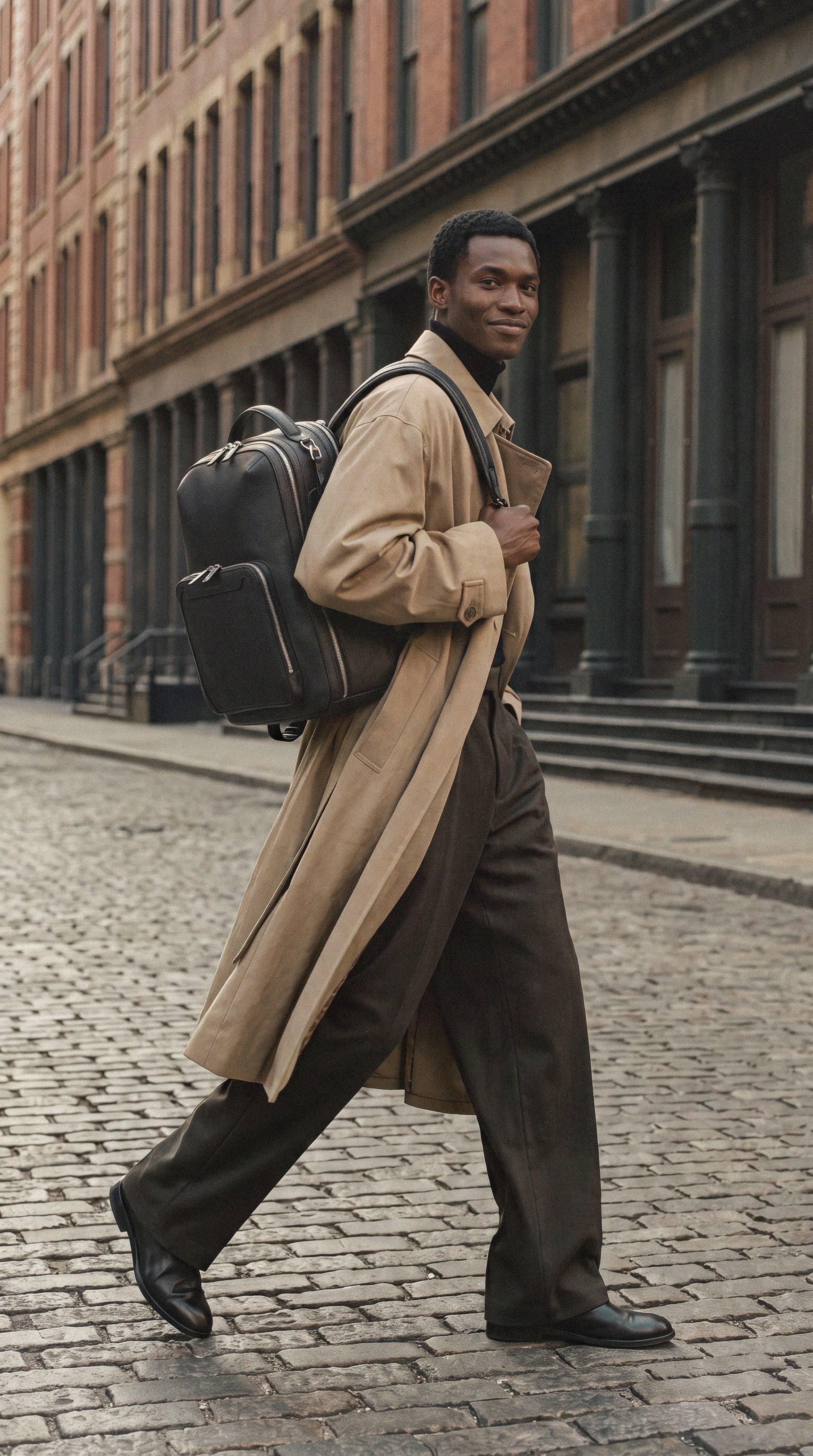 Pilot Travel Backpack carried by a man in a trench coat | #Color_Chocolate