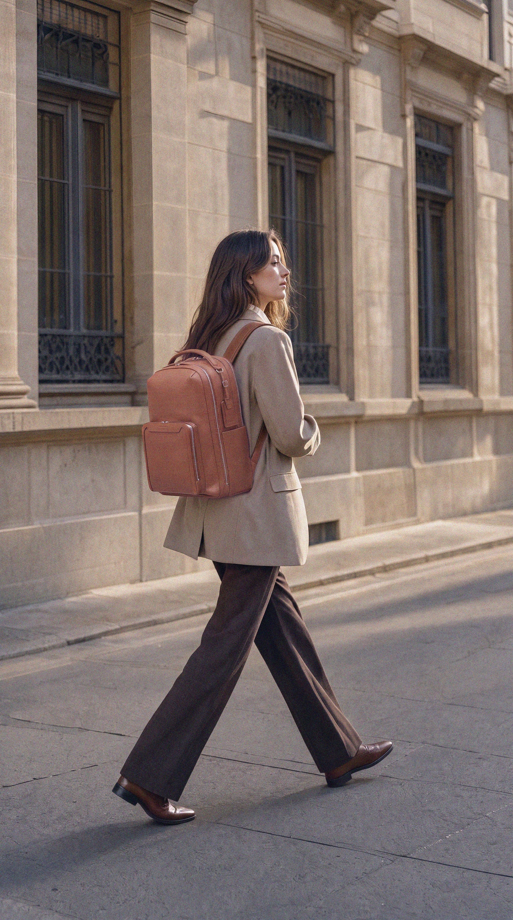 Pilot Travel Backpack worn by a woman walking | #Color_Chocolate