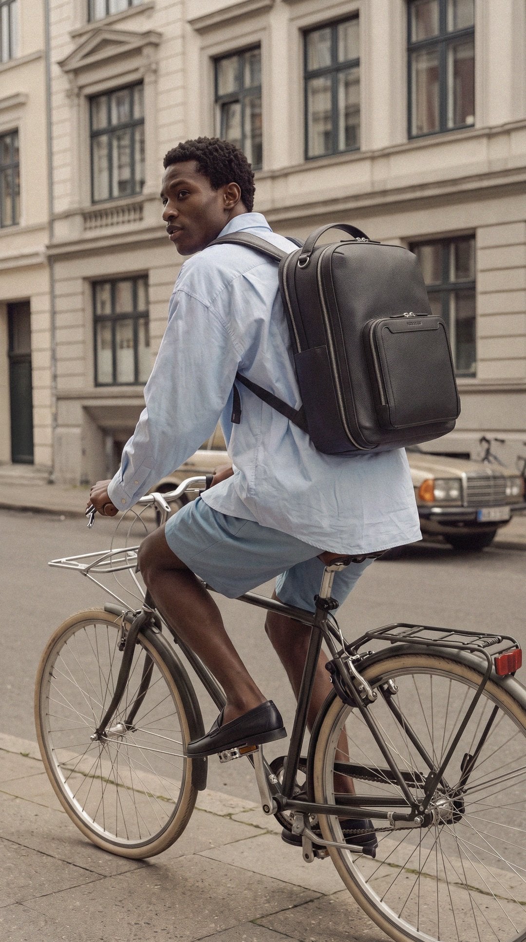 Man commuting by bike wearing the Pilot backpack in Jet Black