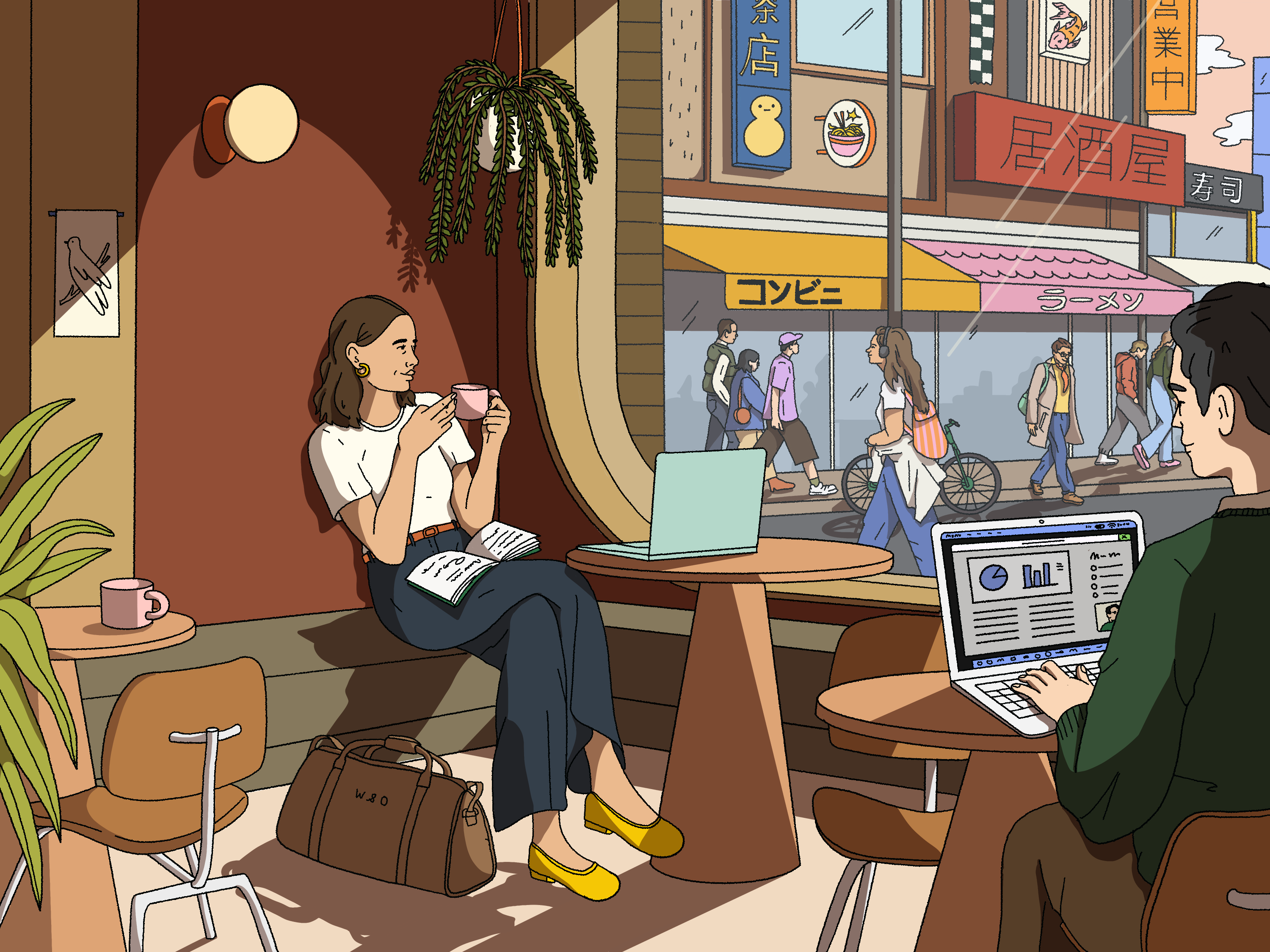 Wool & Oak luggage illustration — Tokyo cafe scene
