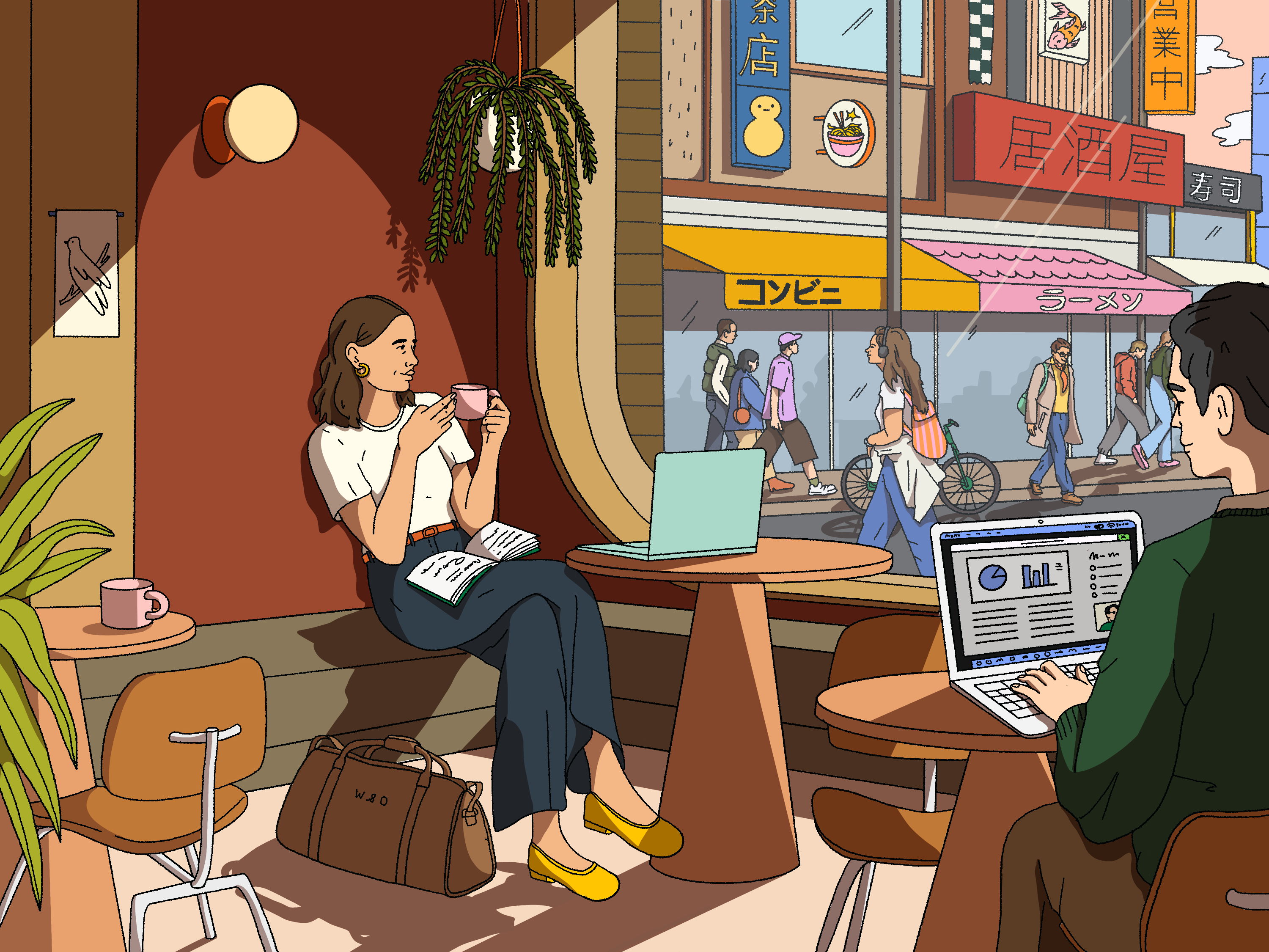 Wool & Oak luggage illustration — Tokyo cafe scene
