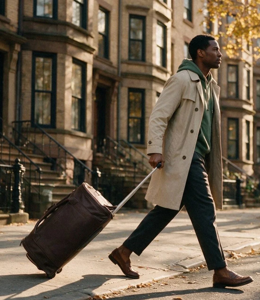 Man in a trench coat pulling a rolling duffle past brownstones